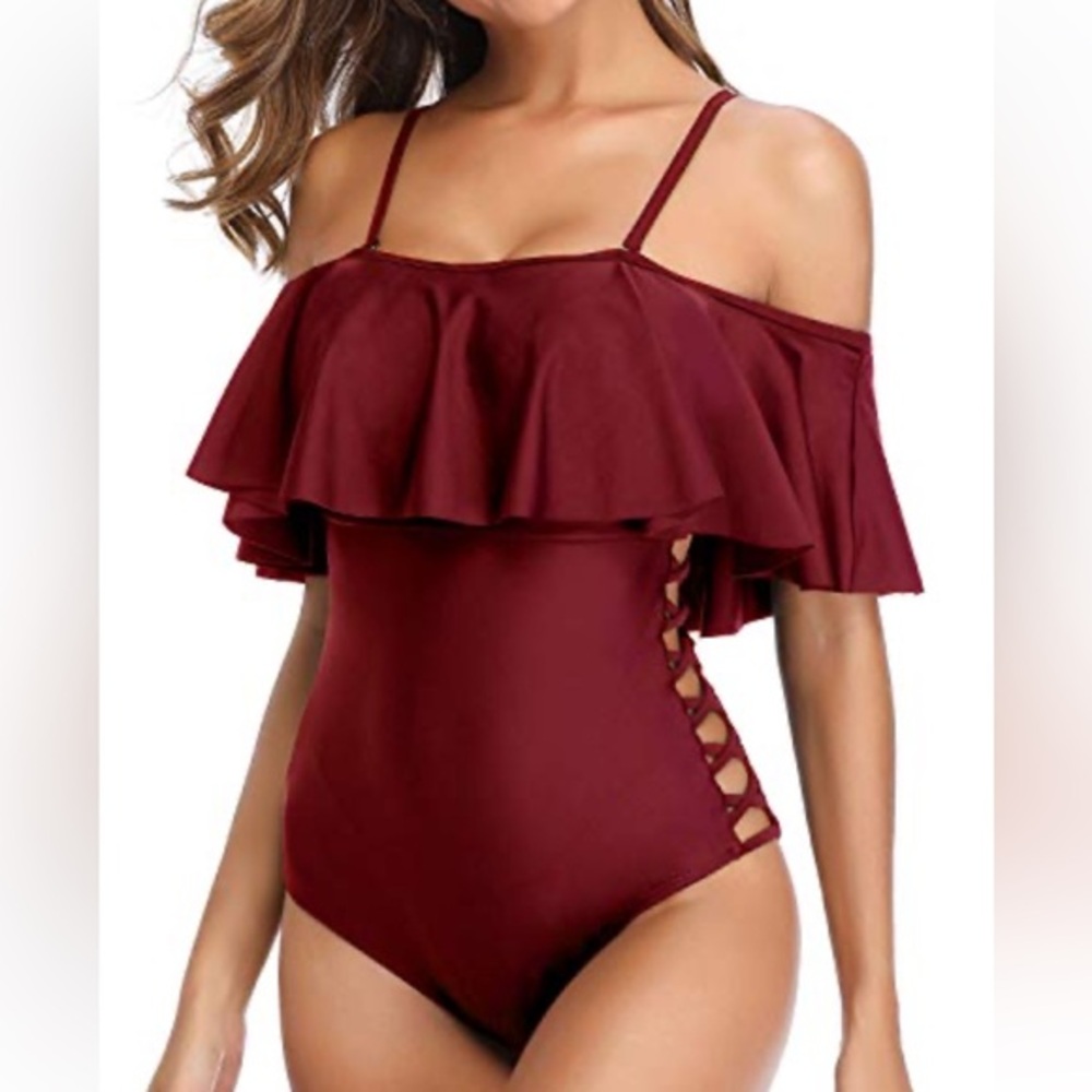 Holipick Maroon Off-Shoulder One Piece Swimsuit (Tummy Control) – M